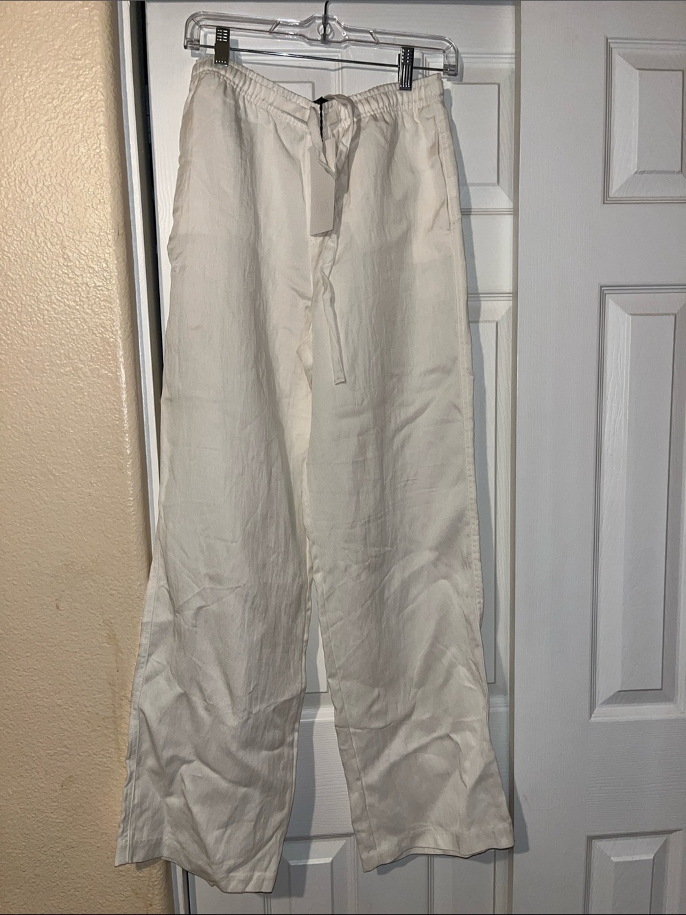 Zara Off-White Linen-Blend Drawstring Wide-Leg Pants